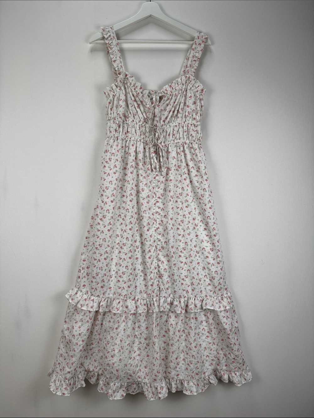 Storia White Pink Floral Cottagecore Midi Dress Size XL